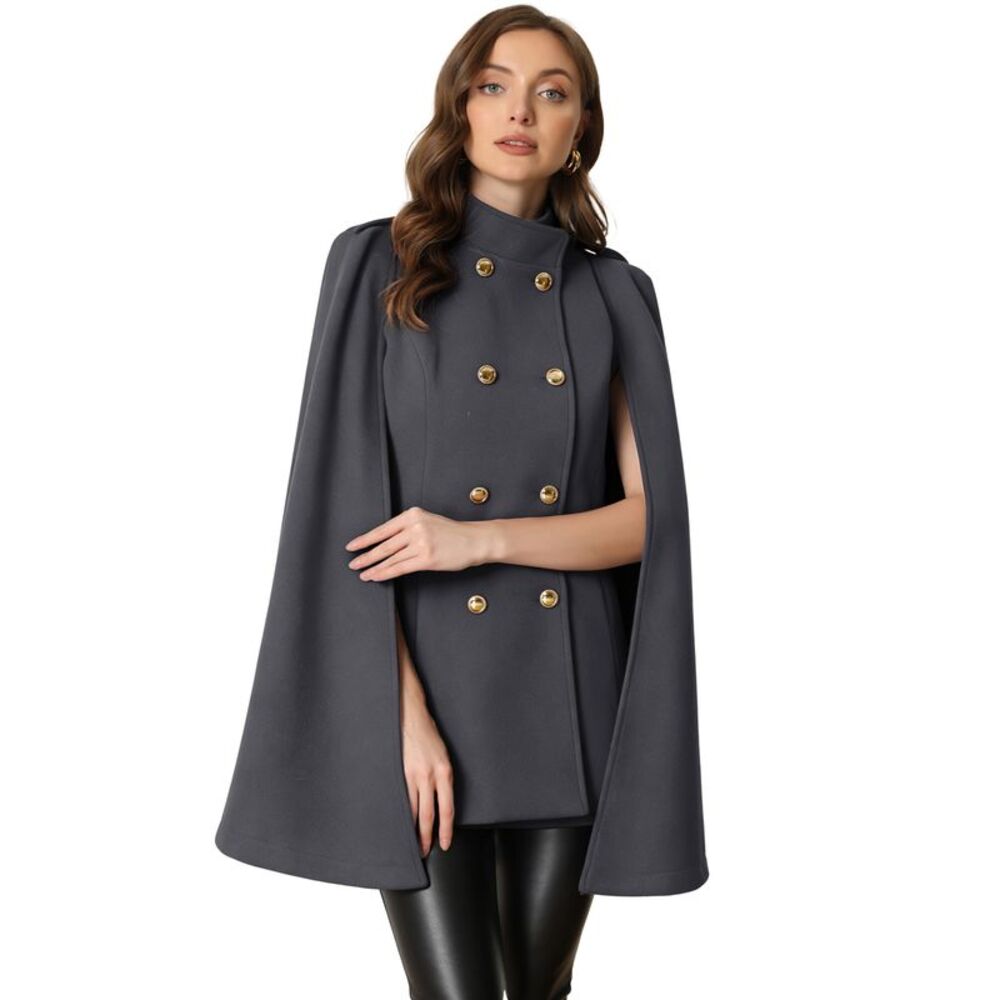 Cape Coats Winter Slit Sleeve Double Breasted Cloak Coat Dark Gray